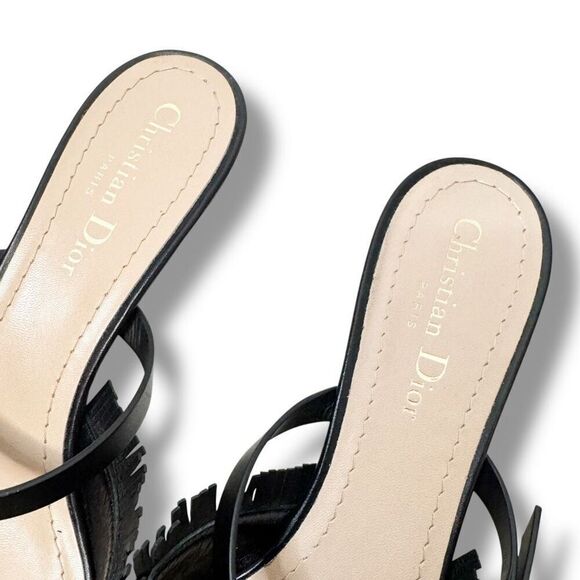 CHRISTIAN DIOR Lambskin Woven Teddy D Mule Sandals Black Kitten Heels Size 38.5 - Picture 9 of 12
